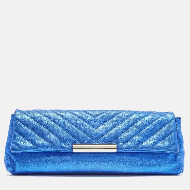 Pre Owned Alexander McQueen Metal Flap Metallic Blue Leather Clutch