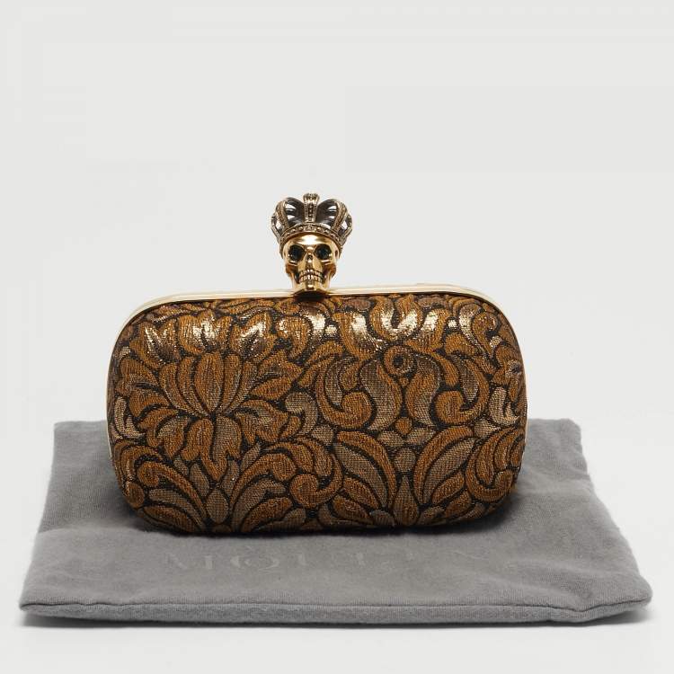 Pre Owned Alexander McQueen Gold/Black Brocade Fabric Crown Skull Box Clutch