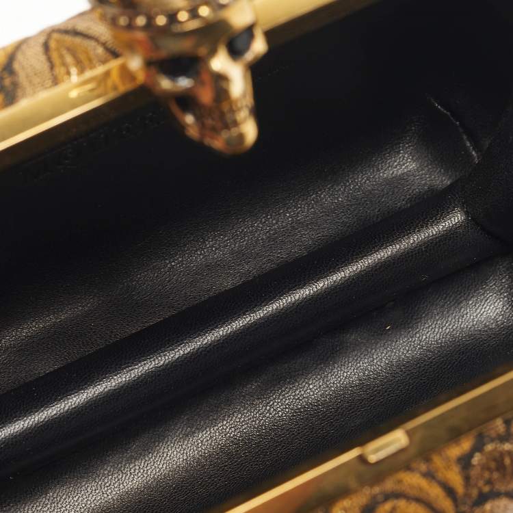 Pre Owned Alexander McQueen Gold/Black Brocade Fabric Crown Skull Box Clutch