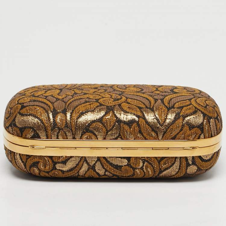 Pre Owned Alexander McQueen Gold/Black Brocade Fabric Crown Skull Box Clutch