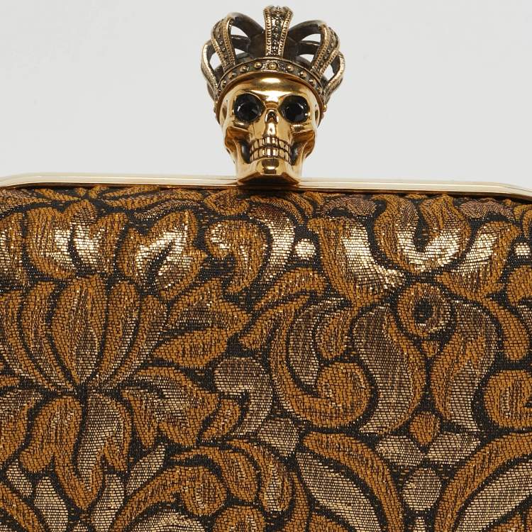 Pre Owned Alexander McQueen Gold/Black Brocade Fabric Crown Skull Box Clutch