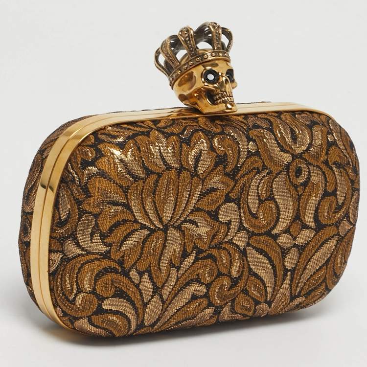 Pre Owned Alexander McQueen Gold/Black Brocade Fabric Crown Skull Box Clutch