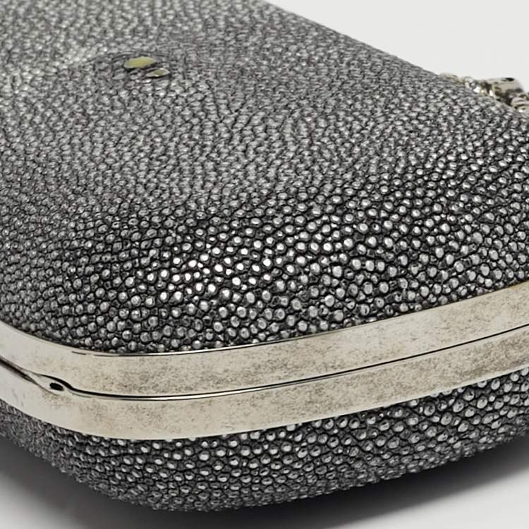 Pre Owned Alexander McQueen Grey Stingray Leather Skull Box Clutch