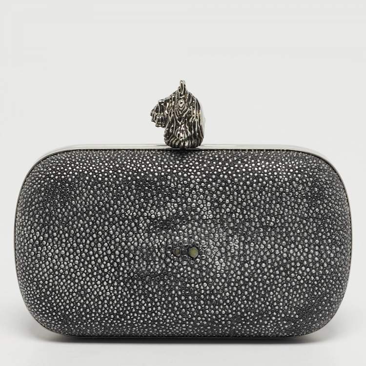 Pre Owned Alexander McQueen Grey Stingray Leather Skull Box Clutch