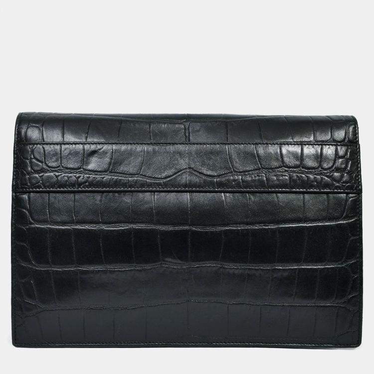 Pre Owned Alexander McQueen Black Croc Effect Leather Envelope Clutch