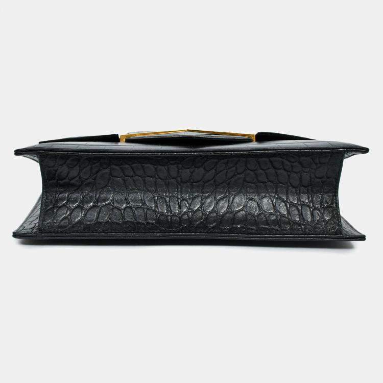 Pre Owned Alexander McQueen Black Croc Effect Leather Envelope Clutch