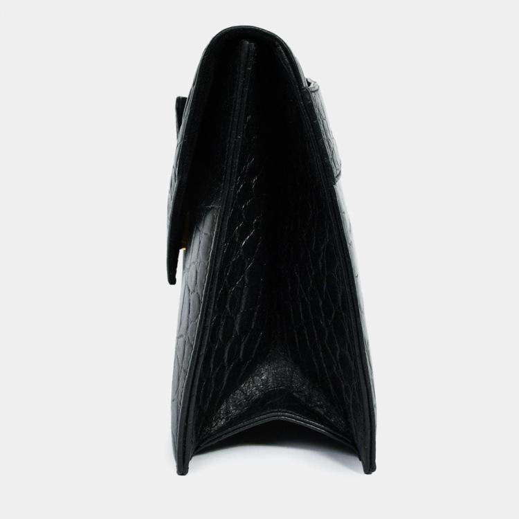 Pre Owned Alexander McQueen Black Croc Effect Leather Envelope Clutch