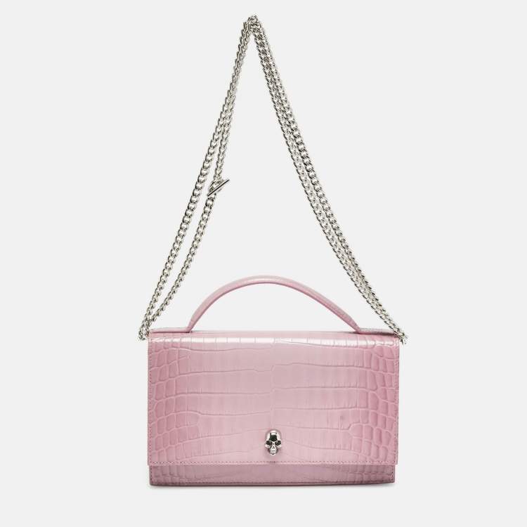 Pre Owned Alexander McQueen Skull Chain Pink Croc Embossed Leather Top Handle Bag