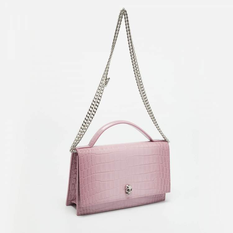 Pre Owned Alexander McQueen Skull Chain Pink Croc Embossed Leather Top Handle Bag