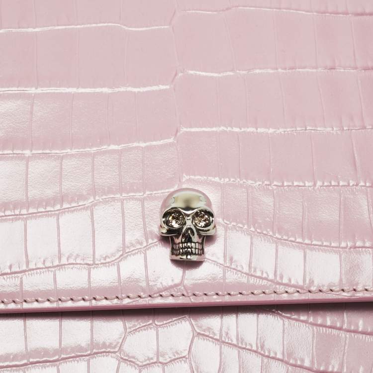 Pre Owned Alexander McQueen Skull Chain Pink Croc Embossed Leather Top Handle Bag