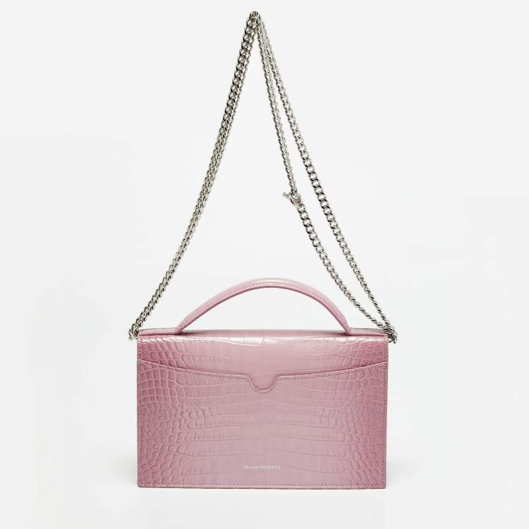Pre Owned Alexander McQueen Skull Chain Pink Croc Embossed Leather Top Handle Bag