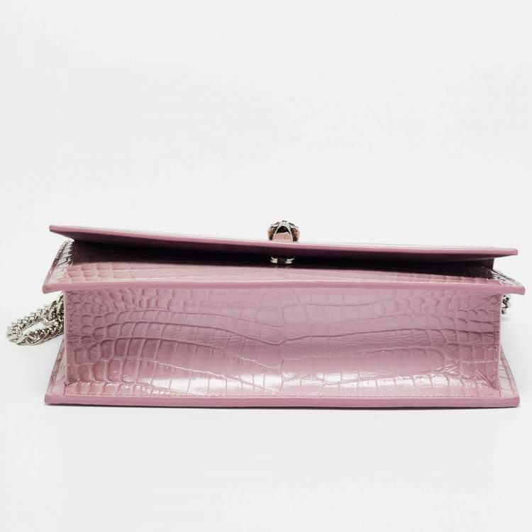 Pre Owned Alexander McQueen Skull Chain Pink Croc Embossed Leather Top Handle Bag