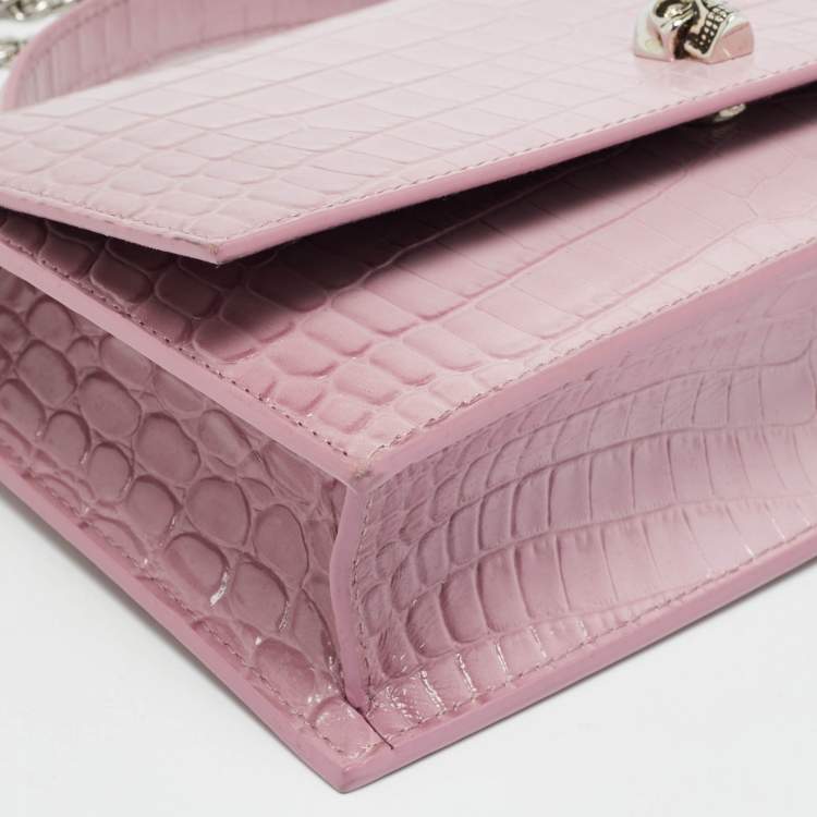 Pre Owned Alexander McQueen Skull Chain Pink Croc Embossed Leather Top Handle Bag