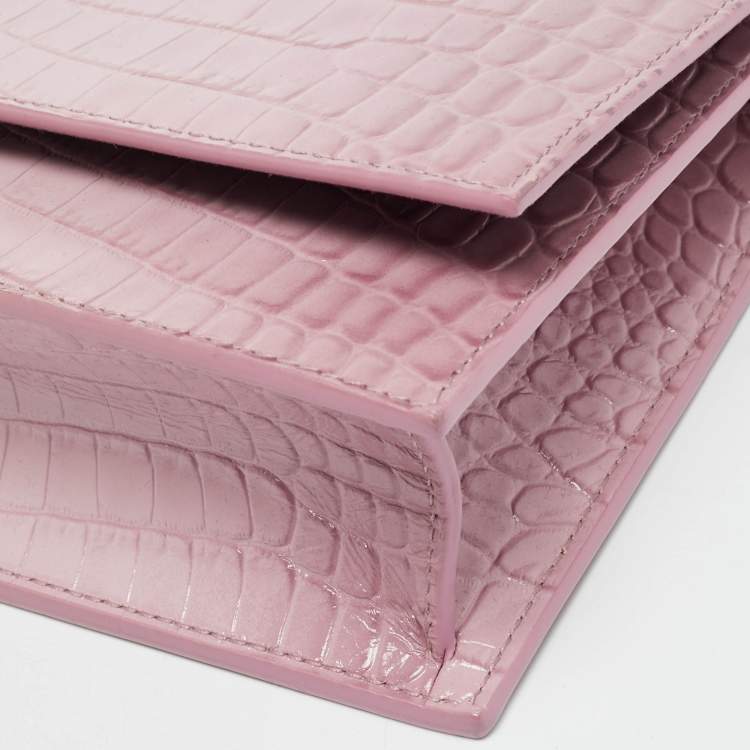 Pre Owned Alexander McQueen Skull Chain Pink Croc Embossed Leather Top Handle Bag