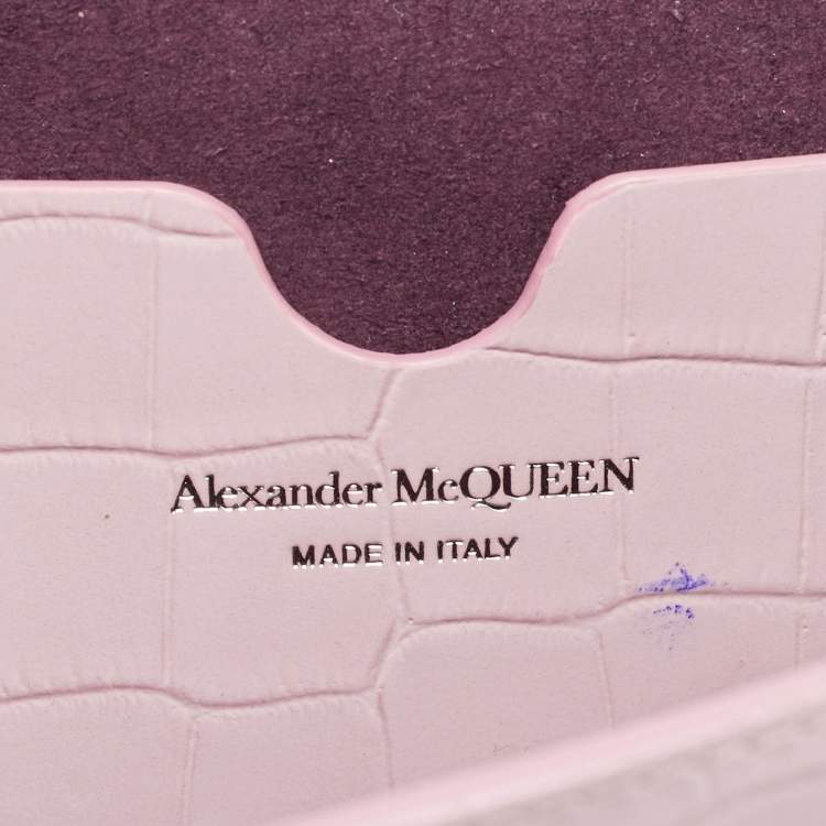 Pre Owned Alexander McQueen Skull Chain Pink Croc Embossed Leather Top Handle Bag