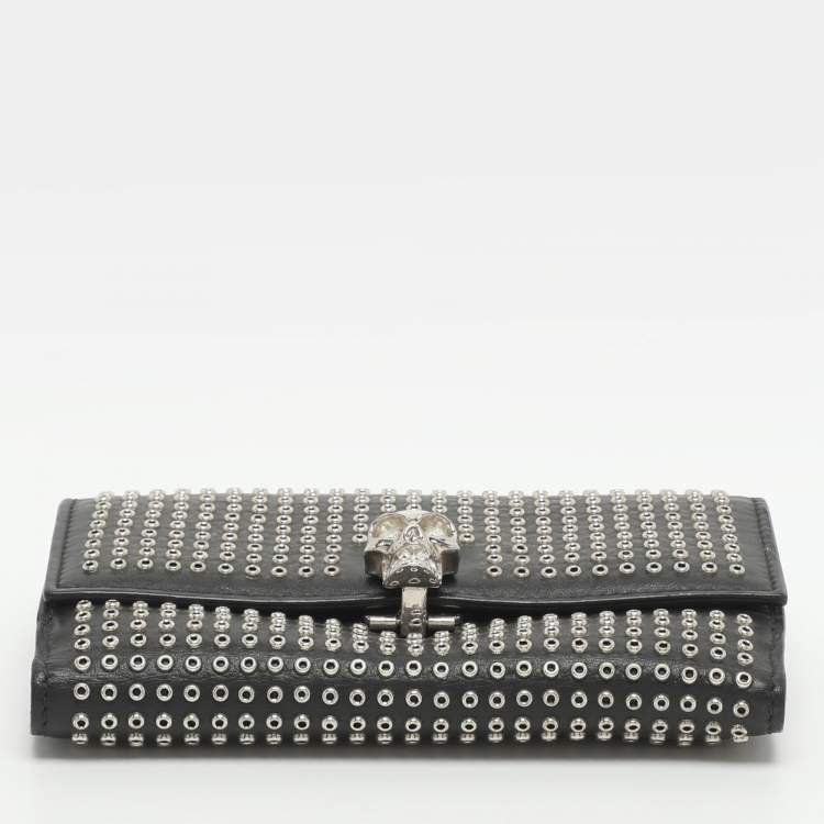 Pre Owned Alexander McQueen Skull Embellished Black Leather French Wallet
