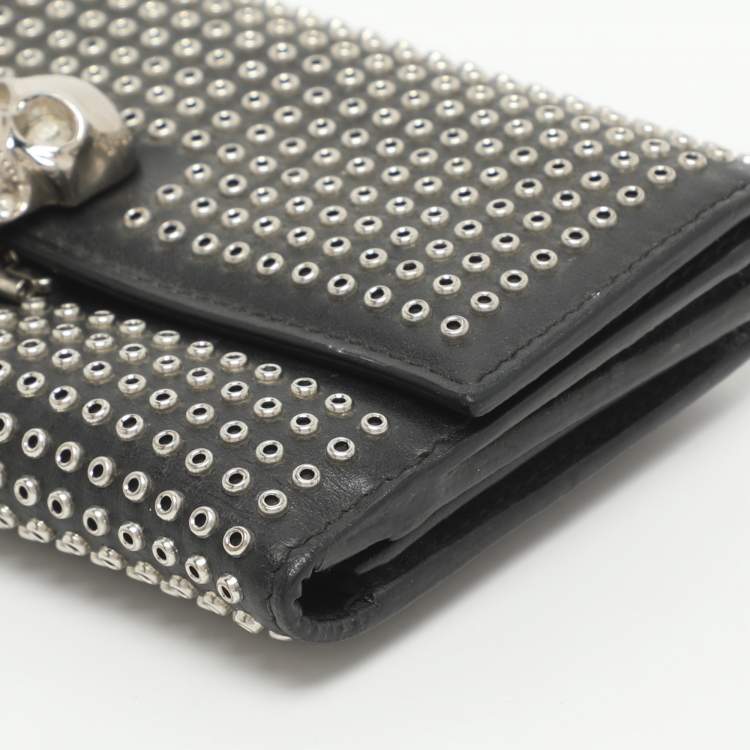 Pre Owned Alexander McQueen Skull Embellished Black Leather French Wallet