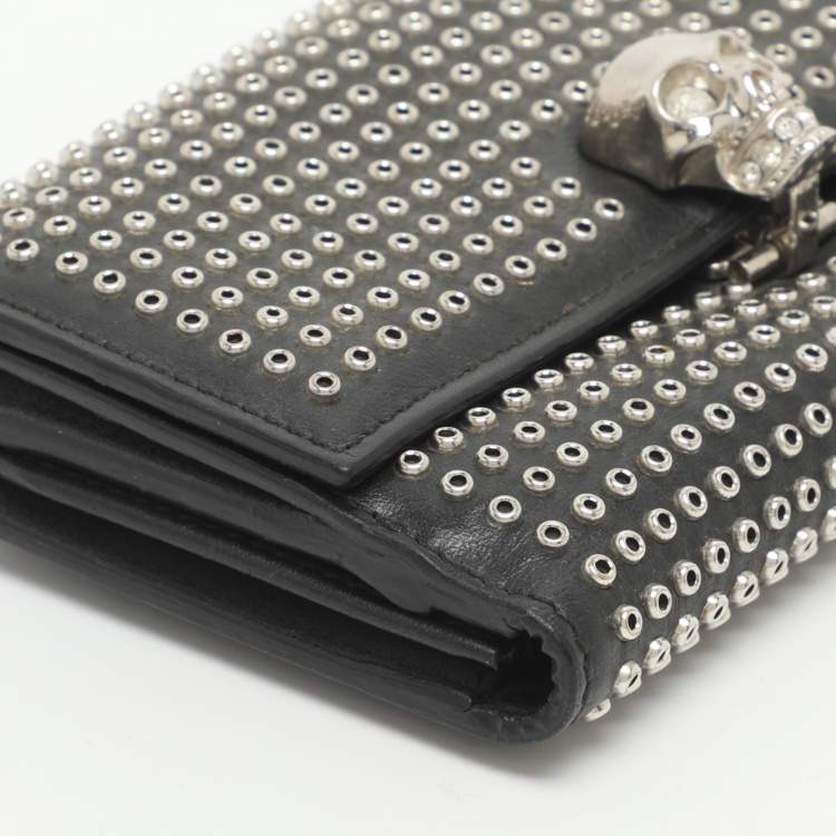 Pre Owned Alexander McQueen Skull Embellished Black Leather French Wallet