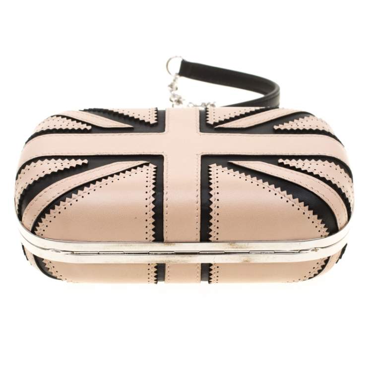 Pre Owned Alexander McQueen Beige/Black Leather Patchwork Britannia Skull Box Clutch