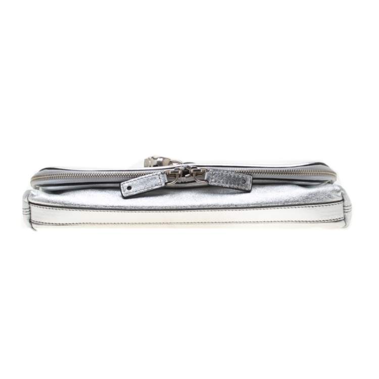 Pre Owned Alexander McQueen Silver Skull Padlock Leather Studded Fold Over Clutch
