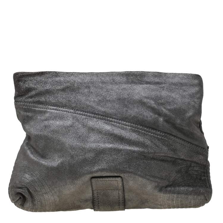 Pre Owned Alexander McQueen Metallic Grey Textured Leather Wristlet Clutch