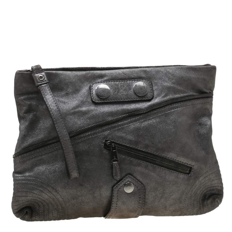 Pre Owned Alexander McQueen Metallic Grey Textured Leather Wristlet Clutch