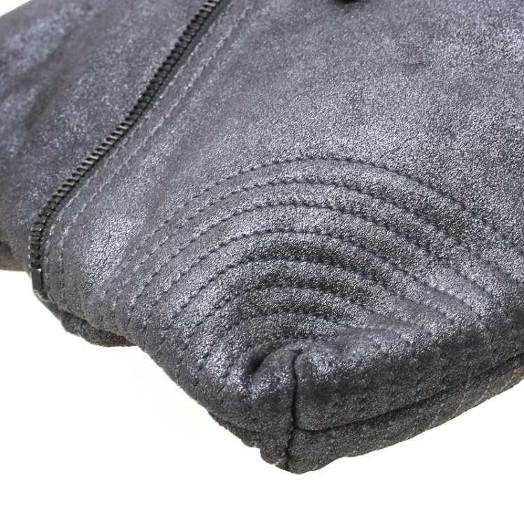 Pre Owned Alexander McQueen Metallic Grey Textured Leather Wristlet Clutch