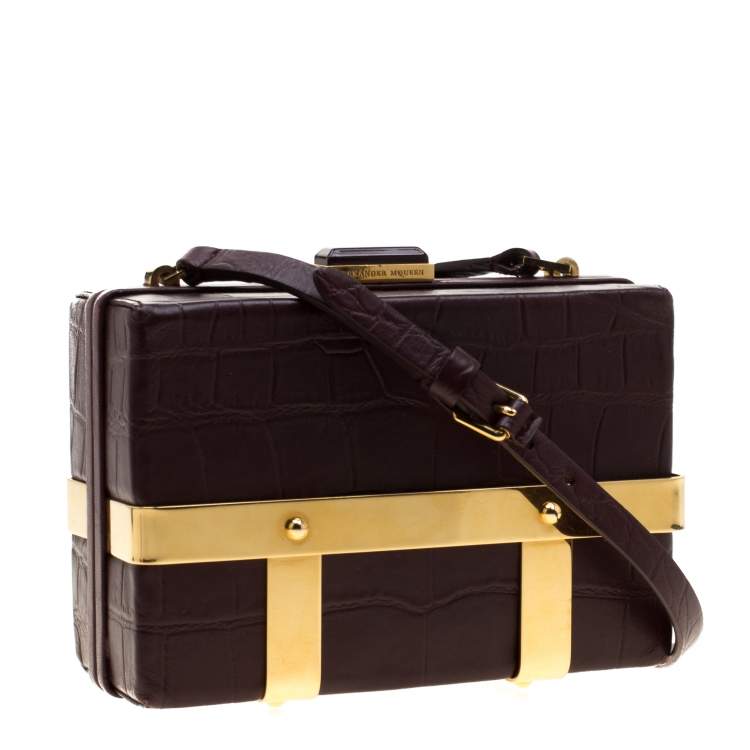 Pre Owned Alexander McQueen Burgundy Croc Embossed Leather Cage Box Bag