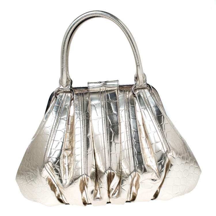 Pre Owned Alexander McQueen Metallic Gold Croc Embossed Patent Leather Elvie Satchel