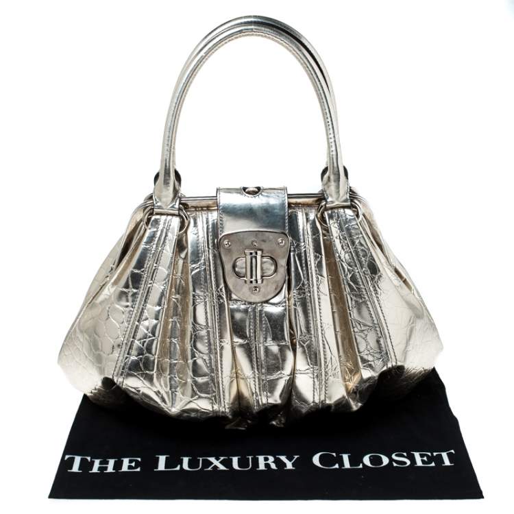 Pre Owned Alexander McQueen Metallic Gold Croc Embossed Patent Leather Elvie Satchel