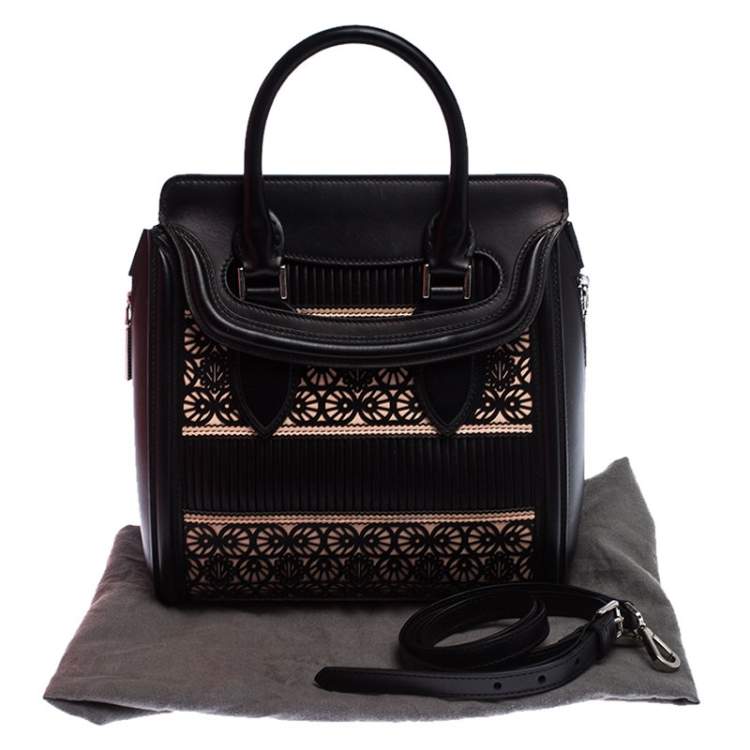 Pre Owned Alexander McQueen Black/Peach Laser Cut Leather East West Heroine Tote 
