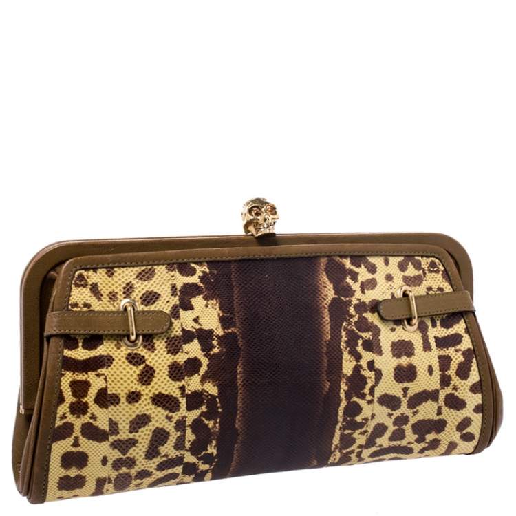 Pre Owned Alexander McQueen Brown Leather and Watersnake Reversible Skull Clutch 
