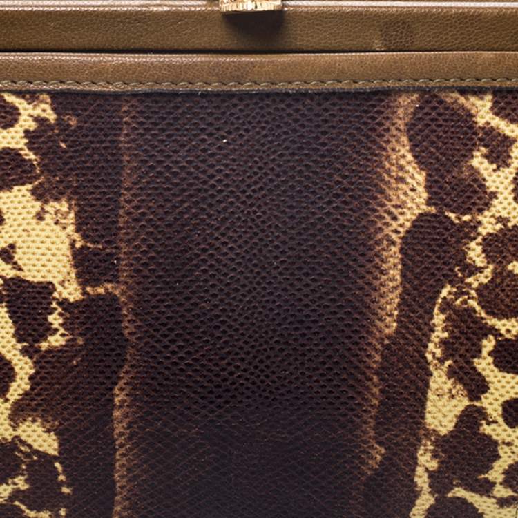 Pre Owned Alexander McQueen Brown Leather and Watersnake Reversible Skull Clutch 
