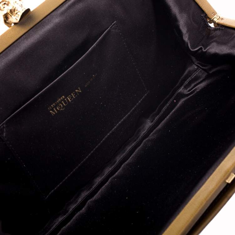 Pre Owned Alexander McQueen Brown Leather and Watersnake Reversible Skull Clutch 