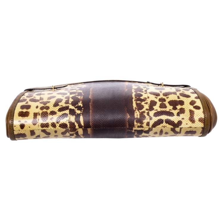 Pre Owned Alexander McQueen Brown Leather and Watersnake Reversible Skull Clutch 