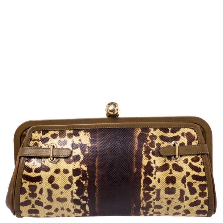 Pre Owned Alexander McQueen Brown Leather and Watersnake Reversible Skull Clutch 