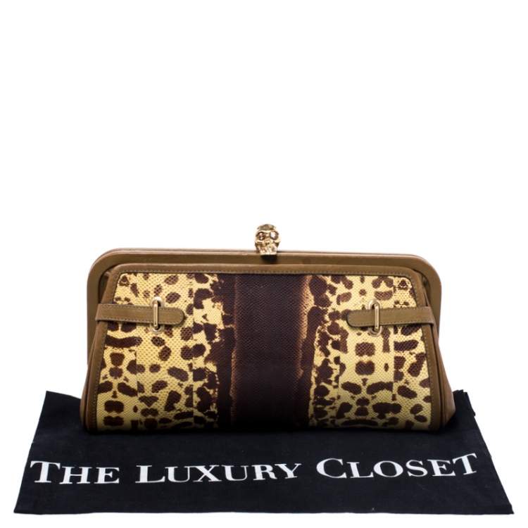 Pre Owned Alexander McQueen Brown Leather and Watersnake Reversible Skull Clutch 