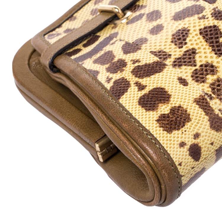 Pre Owned Alexander McQueen Brown Leather and Watersnake Reversible Skull Clutch 