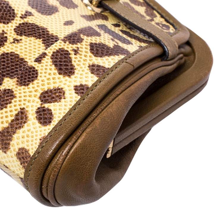 Pre Owned Alexander McQueen Brown Leather and Watersnake Reversible Skull Clutch 