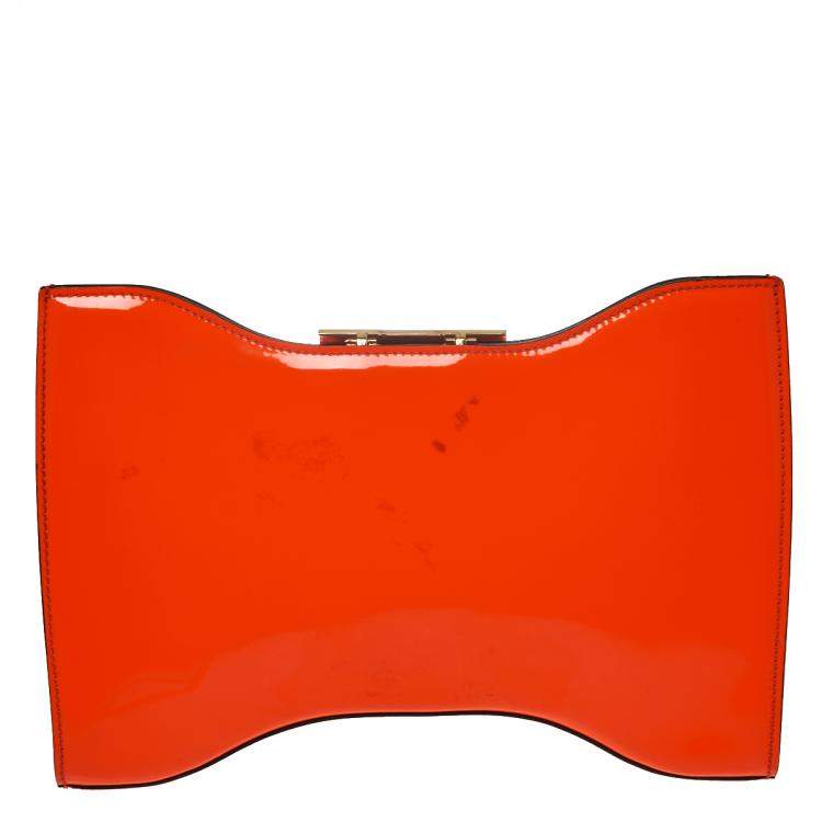 Pre Owned Alexander McQueen Neon Orange Patent Leather Clutch 