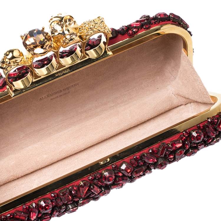 Pre Owned Alexander McQueen Red Crystal Embellished Leather Skull Knuckle Box Clutch
