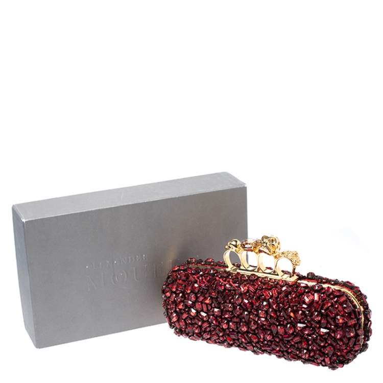 Pre Owned Alexander McQueen Red Crystal Embellished Leather Skull Knuckle Box Clutch