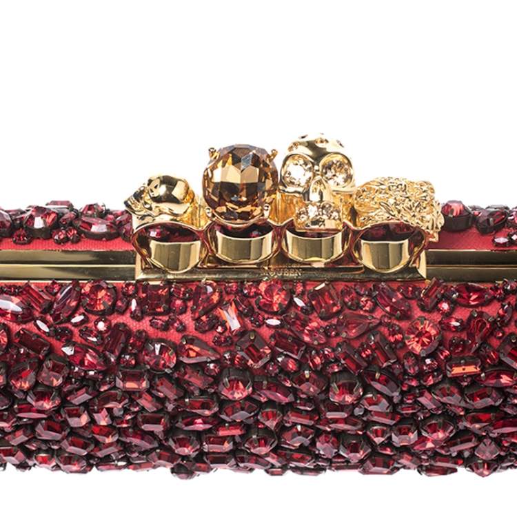 Pre Owned Alexander McQueen Red Crystal Embellished Leather Skull Knuckle Box Clutch