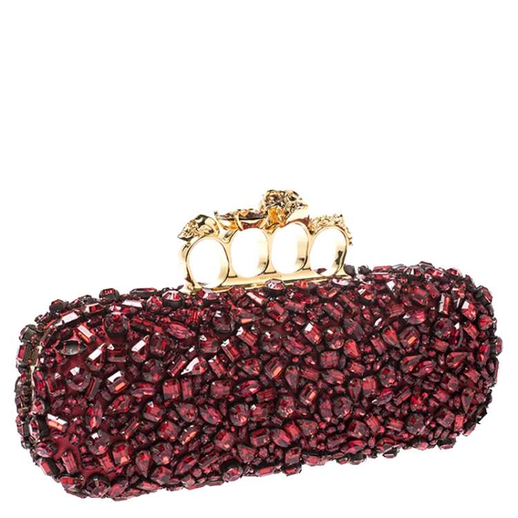 Pre Owned Alexander McQueen Red Crystal Embellished Leather Skull Knuckle Box Clutch