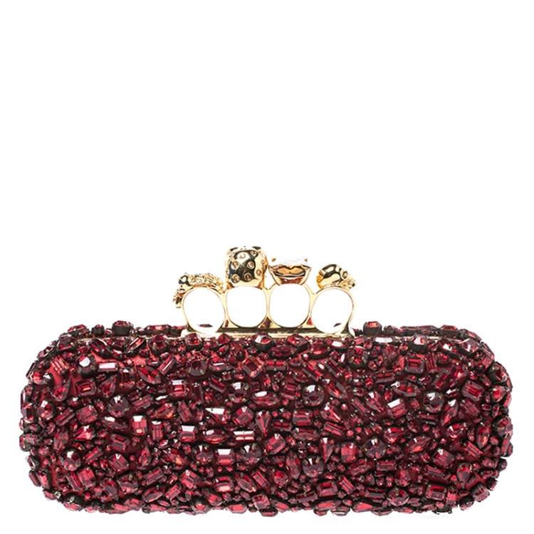 Pre Owned Alexander McQueen Red Crystal Embellished Leather Skull Knuckle Box Clutch