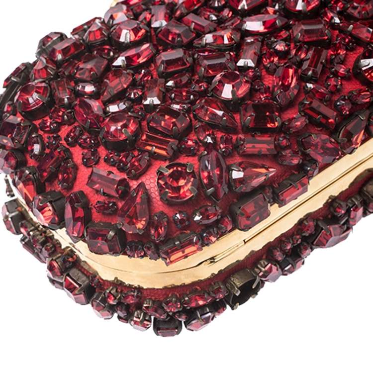 Pre Owned Alexander McQueen Red Crystal Embellished Leather Skull Knuckle Box Clutch