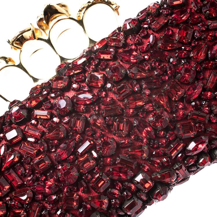 Pre Owned Alexander McQueen Red Crystal Embellished Leather Skull Knuckle Box Clutch