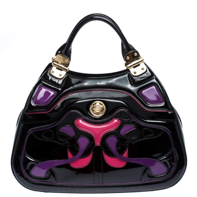 Pre Owned Alexander McQueen Black Patent and Crocodile Embossed Leather Hobo