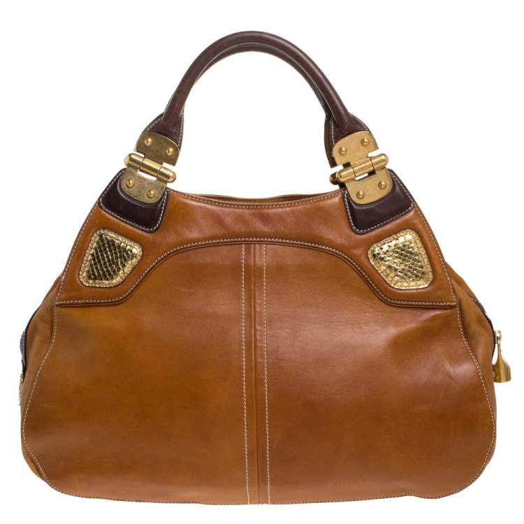 Pre Owned Alexander McQueen Paisley Leather and Snakeskin Hinge Turn Lock Satchel