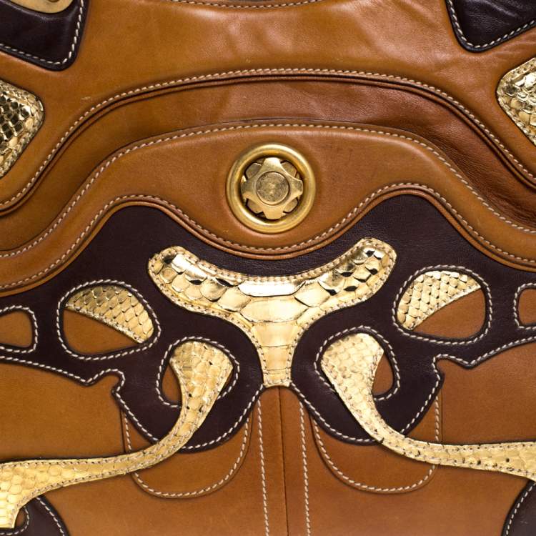 Pre Owned Alexander McQueen Paisley Leather and Snakeskin Hinge Turn Lock Satchel